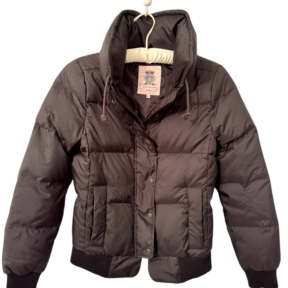 Juicy Couture Black Puffer Jacket Medium Zip + Snap Front Ribbed Cuffs Hem